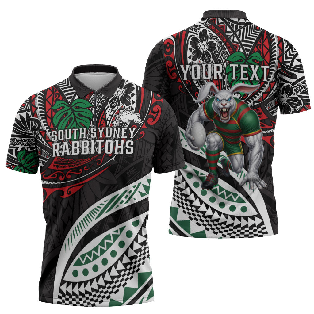 Personalised South Sydney Rabbitohs Zipper Polo Shirt Polynesian Tribal Art Style With Powerful Rabbit Mascot