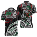 Personalised South Sydney Rabbitohs Zipper Polo Shirt Polynesian Tribal Art Style With Powerful Rabbit Mascot