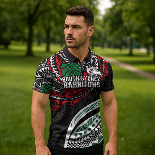Personalised South Sydney Rabbitohs Zipper Polo Shirt Polynesian Tribal Art Style With Powerful Rabbit Mascot