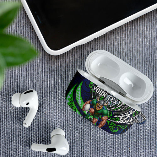Personalised Canberra Raiders AirPods Case Polynesian Tribal Art Style With Viking Raider Mascot