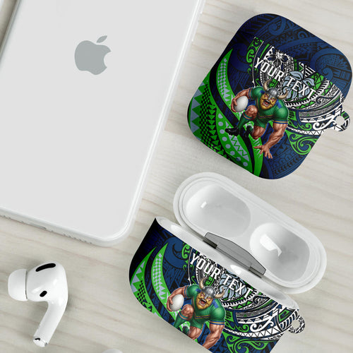 Personalised Canberra Raiders AirPods Case Polynesian Tribal Art Style With Viking Raider Mascot