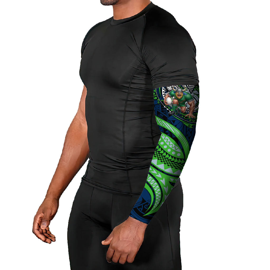 Personalised Canberra Raiders Arm Sleeves Polynesian Tribal Art Style With Viking Raider Mascot