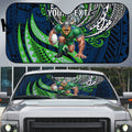 Personalised Canberra Raiders Auto Sun Shade Polynesian Tribal Art Style With Viking Raider Mascot