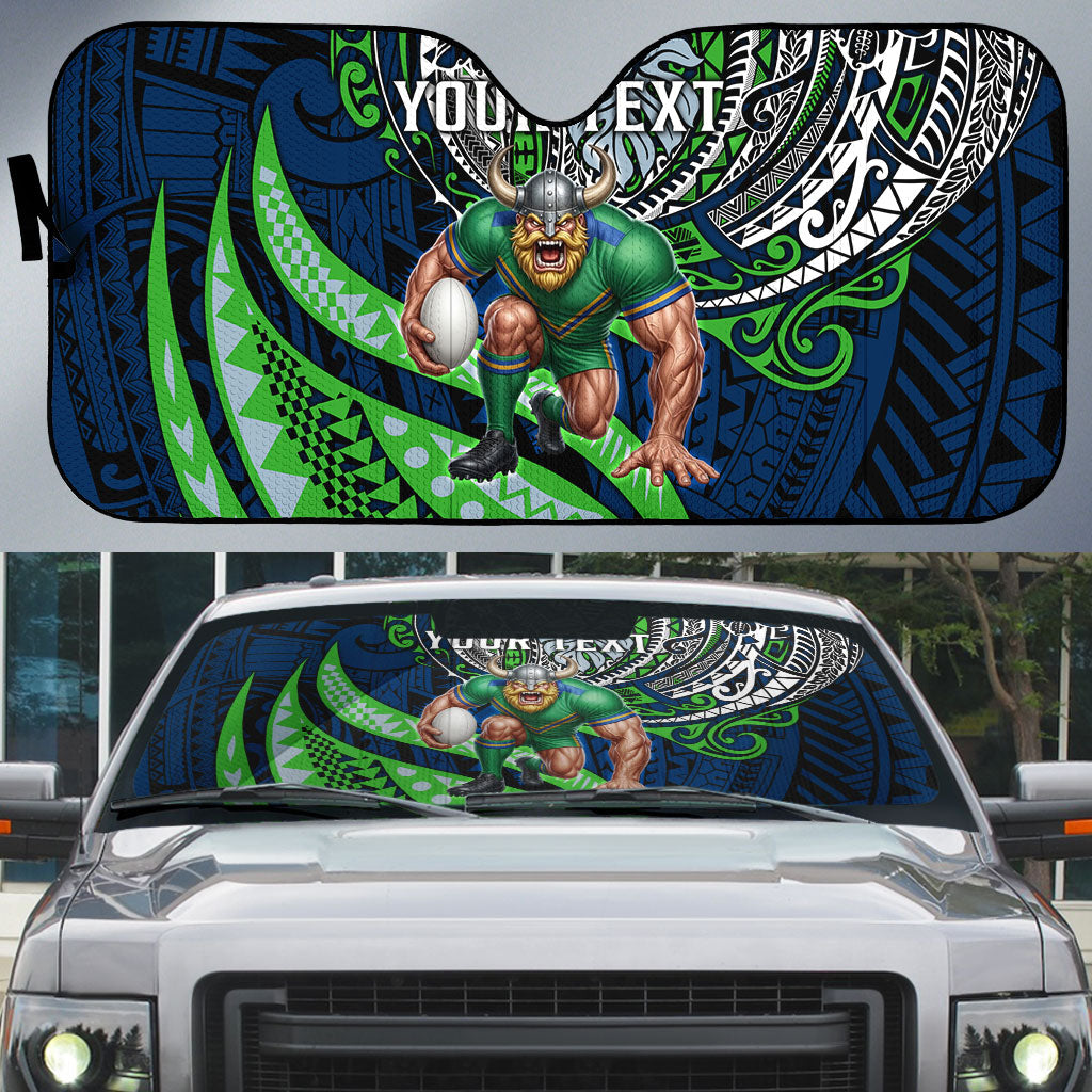 Personalised Canberra Raiders Auto Sun Shade Polynesian Tribal Art Style With Viking Raider Mascot