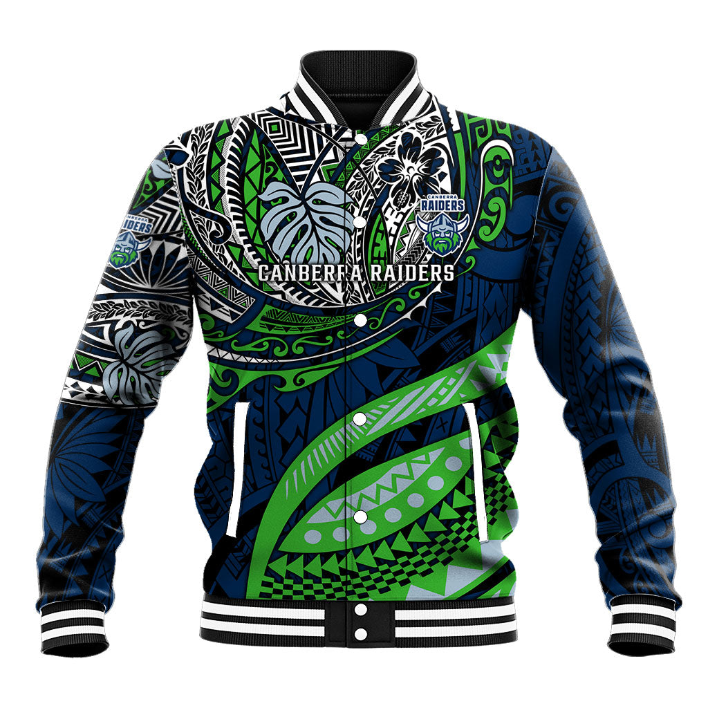 Personalised Canberra Raiders Baseball Jacket Polynesian Tribal Art Style With Viking Raider Mascot