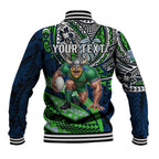 Personalised Canberra Raiders Baseball Jacket Polynesian Tribal Art Style With Viking Raider Mascot