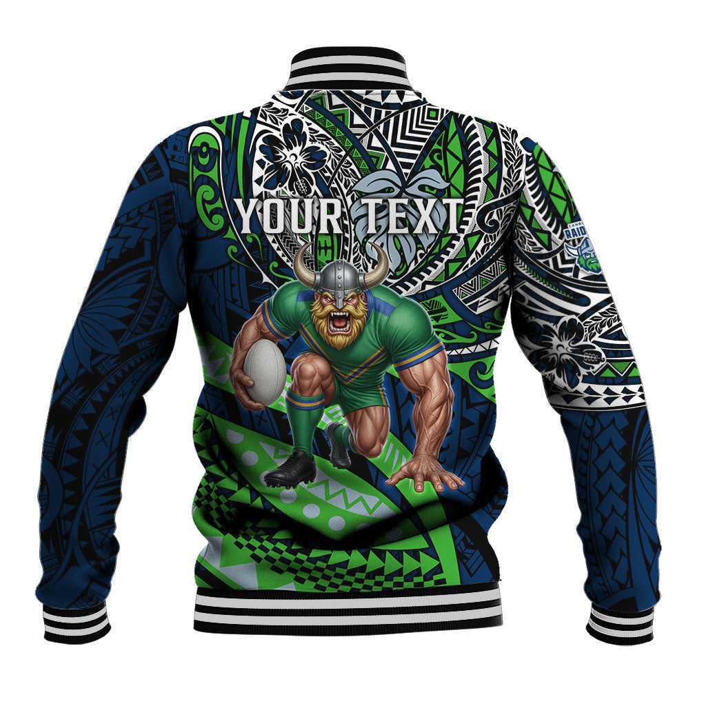 Personalised Canberra Raiders Baseball Jacket Polynesian Tribal Art Style With Viking Raider Mascot