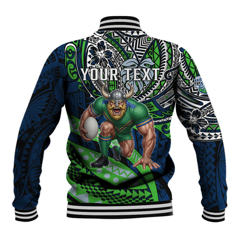 Personalised Canberra Raiders Baseball Jacket Polynesian Tribal Art Style With Viking Raider Mascot