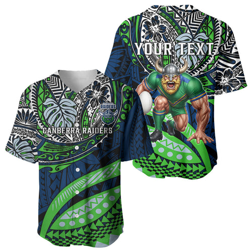 Personalised Canberra Raiders Baseball Jersey Polynesian Tribal Art Style With Viking Raider Mascot