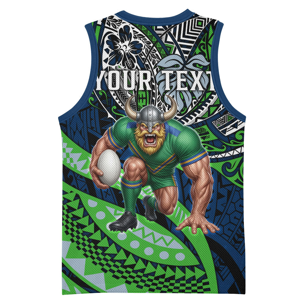 Personalised Canberra Raiders Basketball Jersey Polynesian Tribal Art Style With Viking Raider Mascot