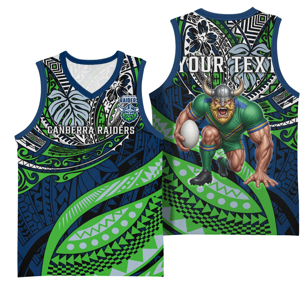 Personalised Canberra Raiders Basketball Jersey Polynesian Tribal Art Style With Viking Raider Mascot
