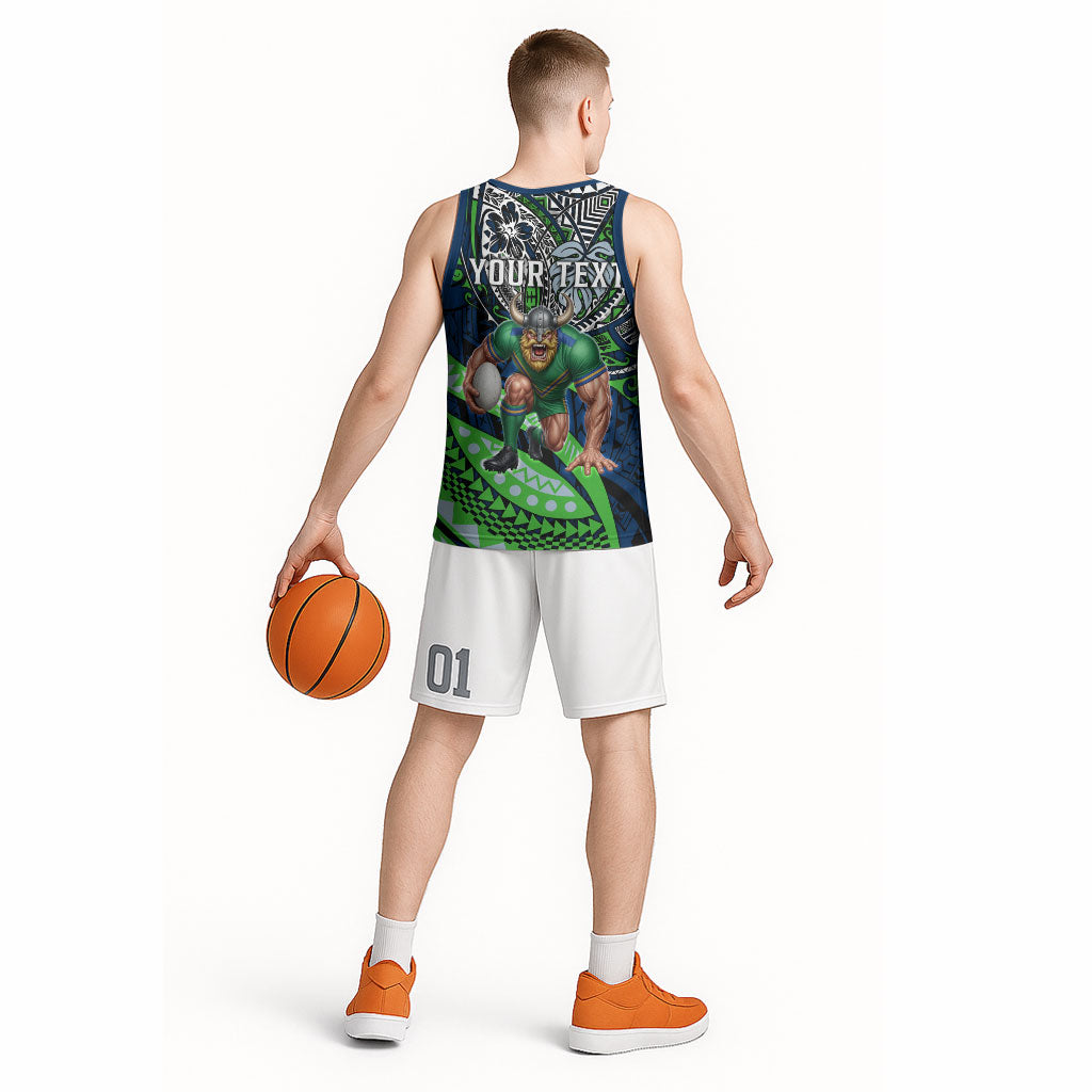 Personalised Canberra Raiders Basketball Jersey Polynesian Tribal Art Style With Viking Raider Mascot