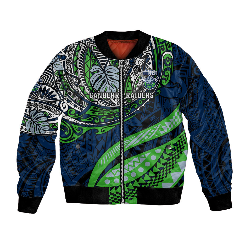 Personalised Canberra Raiders Bomber Jacket Polynesian Tribal Art Style With Viking Raider Mascot