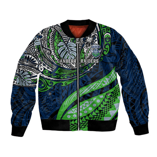 Personalised Canberra Raiders Bomber Jacket Polynesian Tribal Art Style With Viking Raider Mascot