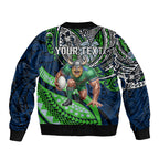 Personalised Canberra Raiders Bomber Jacket Polynesian Tribal Art Style With Viking Raider Mascot