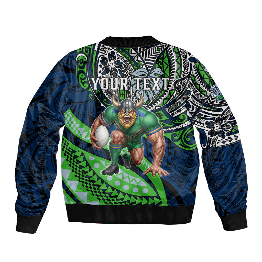 Personalised Canberra Raiders Bomber Jacket Polynesian Tribal Art Style With Viking Raider Mascot