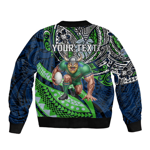 Personalised Canberra Raiders Bomber Jacket Polynesian Tribal Art Style With Viking Raider Mascot