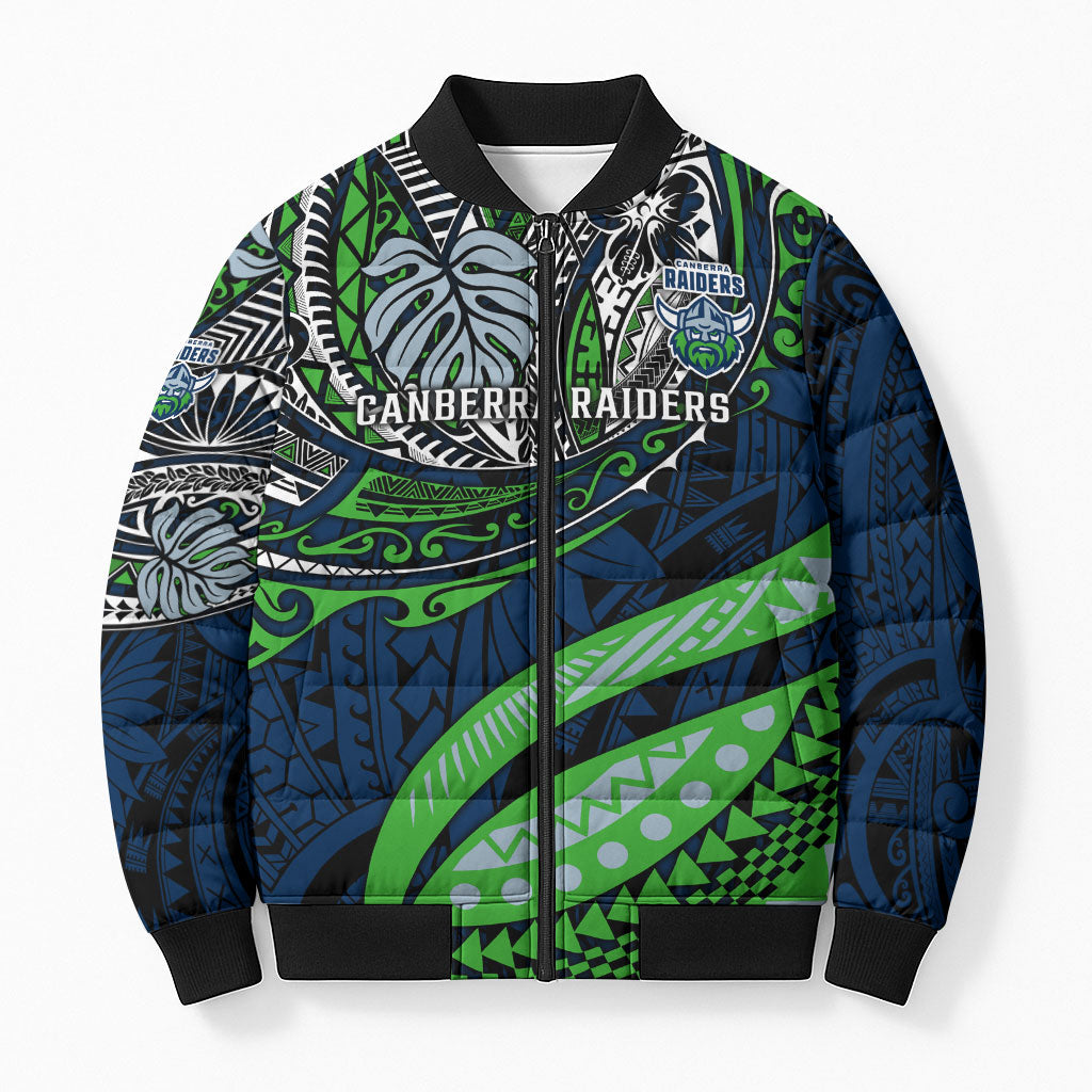 Personalised Canberra Raiders Bomber Puffer Jacket Polynesian Tribal Art Style With Viking Raider Mascot