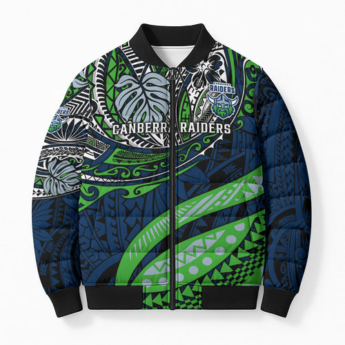 Personalised Canberra Raiders Bomber Puffer Jacket Polynesian Tribal Art Style With Viking Raider Mascot