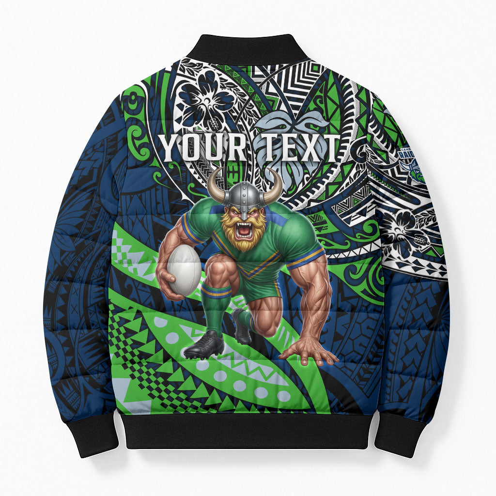 Personalised Canberra Raiders Bomber Puffer Jacket Polynesian Tribal Art Style With Viking Raider Mascot
