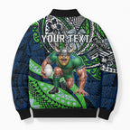 Personalised Canberra Raiders Bomber Puffer Jacket Polynesian Tribal Art Style With Viking Raider Mascot