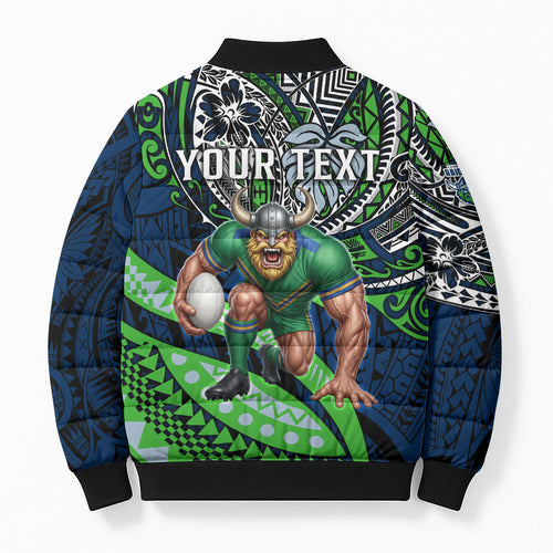 Personalised Canberra Raiders Bomber Puffer Jacket Polynesian Tribal Art Style With Viking Raider Mascot