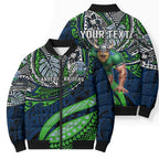 Personalised Canberra Raiders Bomber Puffer Jacket Polynesian Tribal Art Style With Viking Raider Mascot