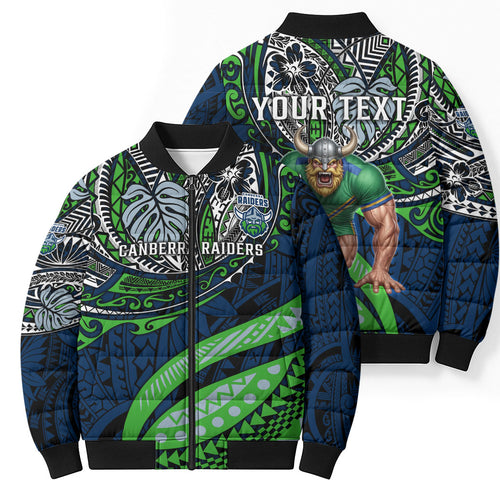 Personalised Canberra Raiders Bomber Puffer Jacket Polynesian Tribal Art Style With Viking Raider Mascot