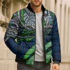 Personalised Canberra Raiders Bomber Puffer Jacket Polynesian Tribal Art Style With Viking Raider Mascot