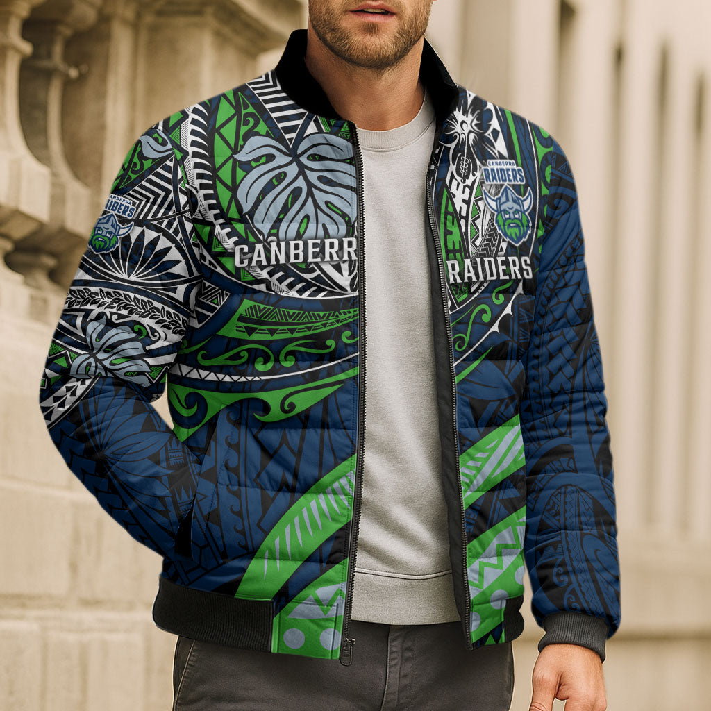 Personalised Canberra Raiders Bomber Puffer Jacket Polynesian Tribal Art Style With Viking Raider Mascot