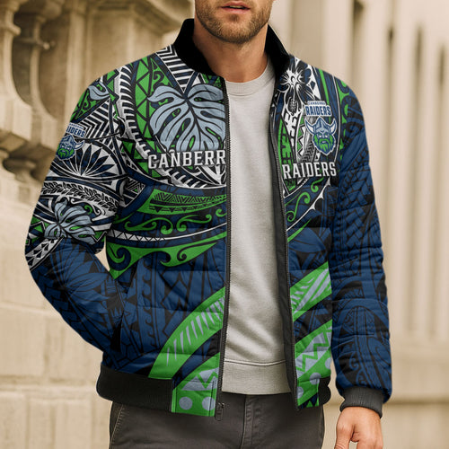 Personalised Canberra Raiders Bomber Puffer Jacket Polynesian Tribal Art Style With Viking Raider Mascot