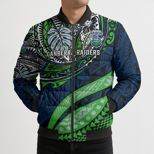 Personalised Canberra Raiders Bomber Puffer Jacket Polynesian Tribal Art Style With Viking Raider Mascot