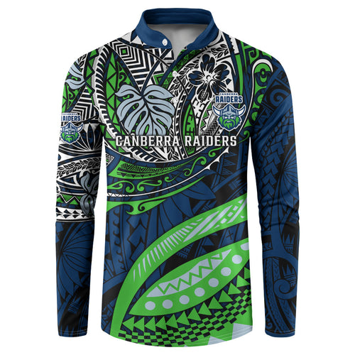 Personalised Canberra Raiders Button Sweatshirt Polynesian Tribal Art Style With Viking Raider Mascot