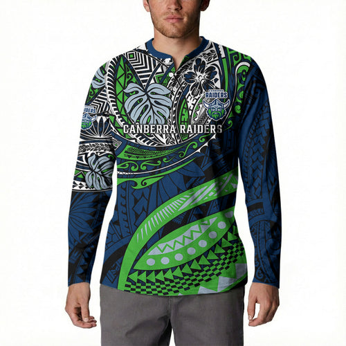 Personalised Canberra Raiders Button Sweatshirt Polynesian Tribal Art Style With Viking Raider Mascot