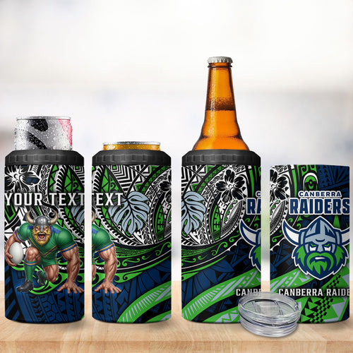 Personalised Canberra Raiders 4 in 1 Can Cooler Tumbler Polynesian Tribal Art Style With Viking Raider Mascot