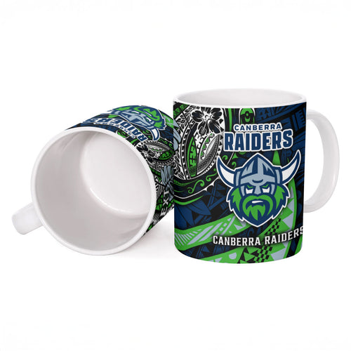 Personalised Canberra Raiders Ceramic Mug Polynesian Tribal Art Style With Viking Raider Mascot