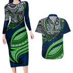 Personalised Canberra Raiders Couples Matching Long Sleeve Bodycon Dress and Hawaiian Shirt Polynesian Tribal Art Style With Viking Raider Mascot