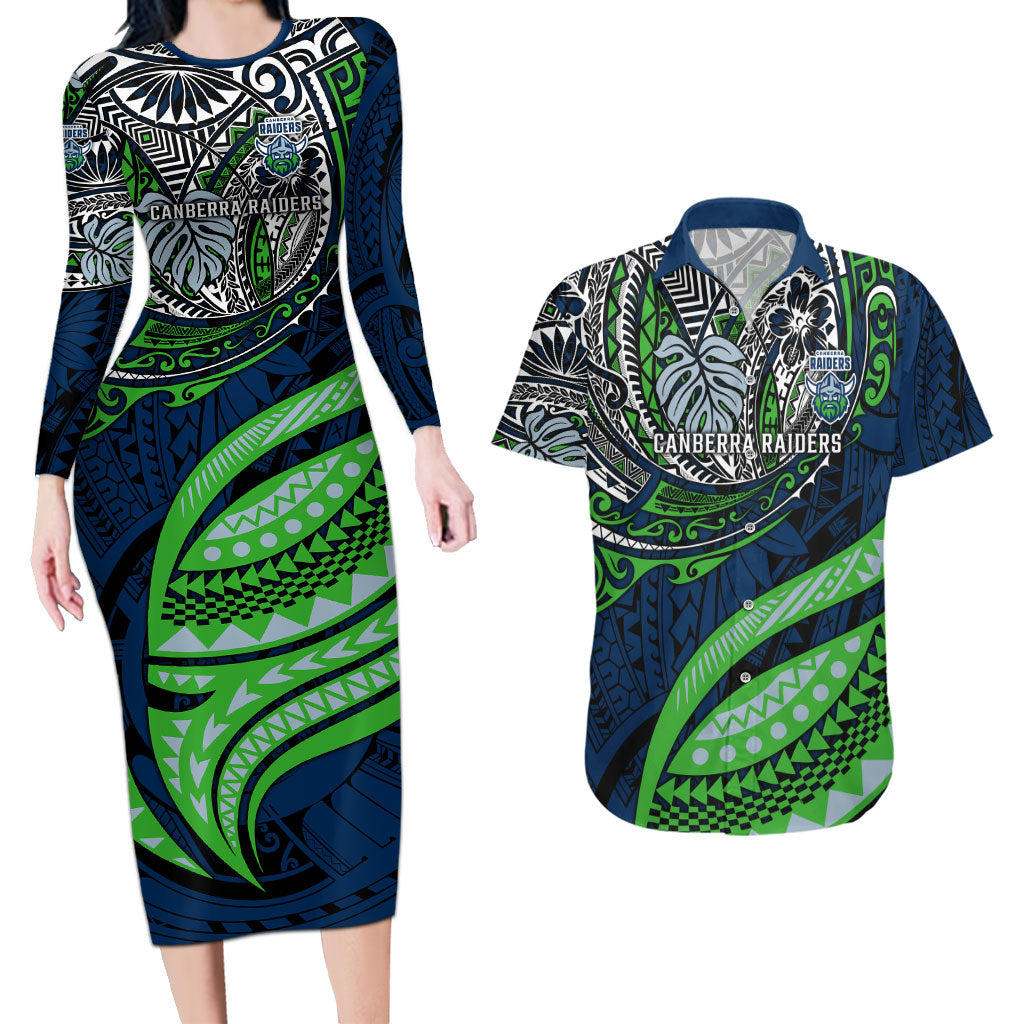 Personalised Canberra Raiders Couples Matching Long Sleeve Bodycon Dress and Hawaiian Shirt Polynesian Tribal Art Style With Viking Raider Mascot