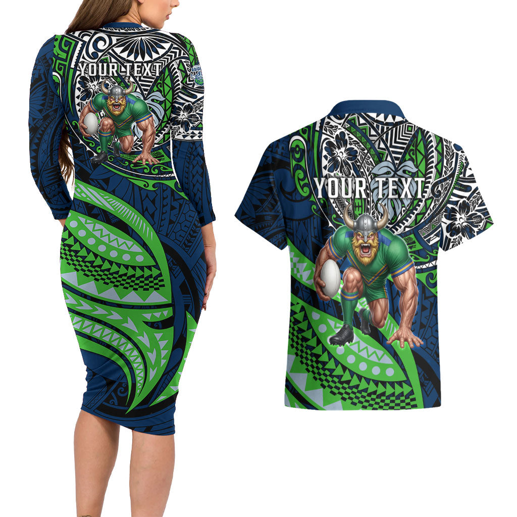 Personalised Canberra Raiders Couples Matching Long Sleeve Bodycon Dress and Hawaiian Shirt Polynesian Tribal Art Style With Viking Raider Mascot