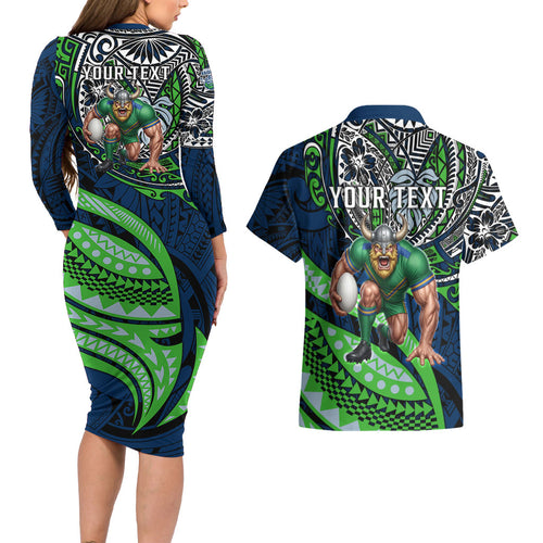 Personalised Canberra Raiders Couples Matching Long Sleeve Bodycon Dress and Hawaiian Shirt Polynesian Tribal Art Style With Viking Raider Mascot