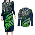 Personalised Canberra Raiders Couples Matching Long Sleeve Bodycon Dress and Long Sleeve Button Shirt Polynesian Tribal Art Style With Viking Raider Mascot