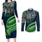 Personalised Canberra Raiders Couples Matching Long Sleeve Bodycon Dress and Long Sleeve Button Shirt Polynesian Tribal Art Style With Viking Raider Mascot