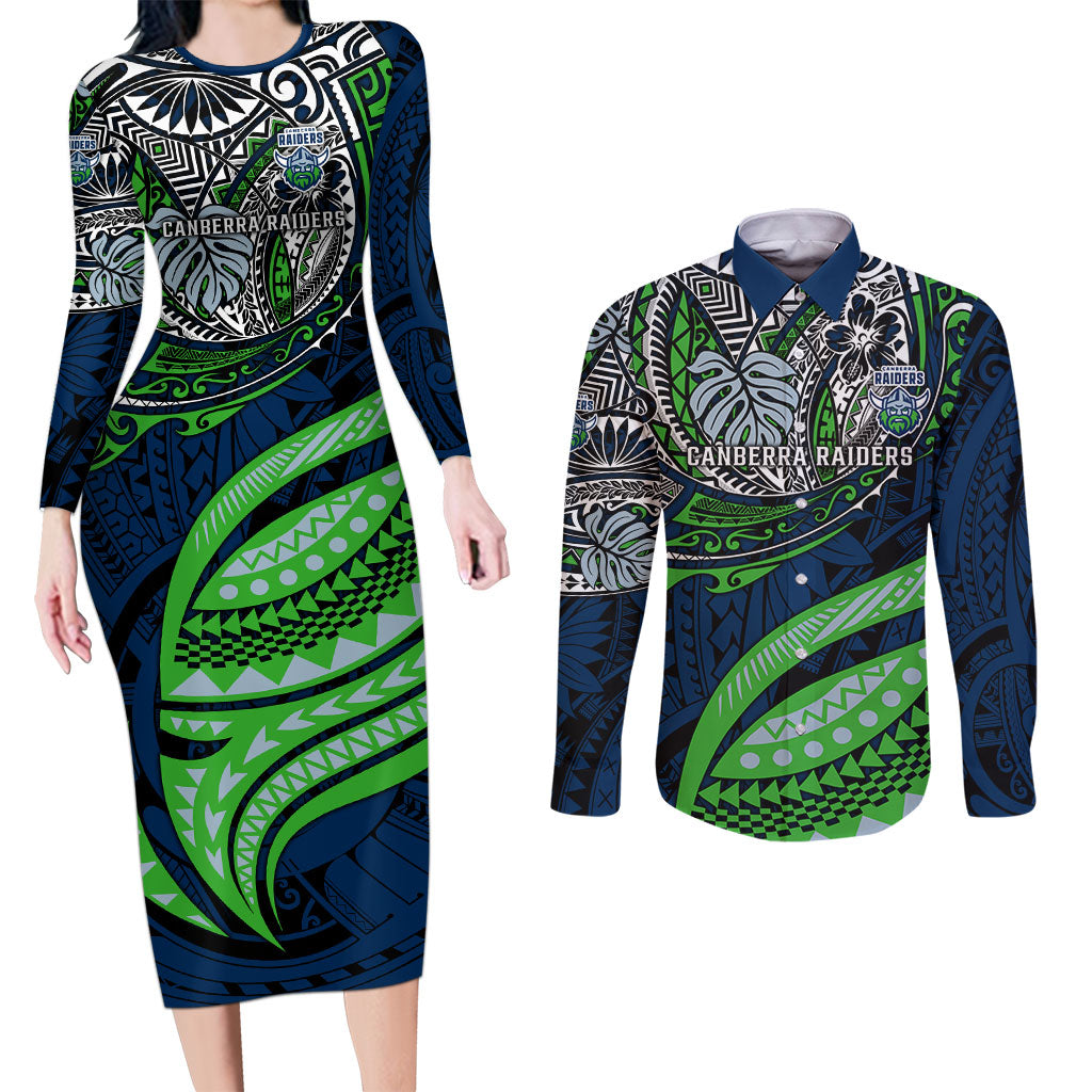 Personalised Canberra Raiders Couples Matching Long Sleeve Bodycon Dress and Long Sleeve Button Shirt Polynesian Tribal Art Style With Viking Raider Mascot
