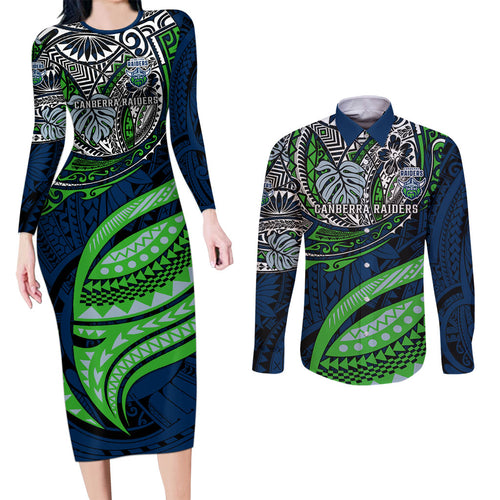 Personalised Canberra Raiders Couples Matching Long Sleeve Bodycon Dress and Long Sleeve Button Shirt Polynesian Tribal Art Style With Viking Raider Mascot