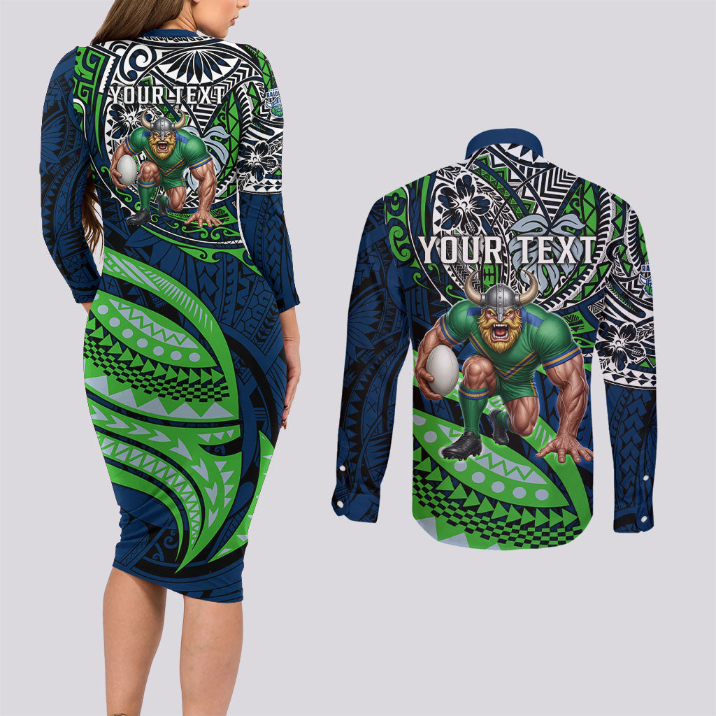 Personalised Canberra Raiders Couples Matching Long Sleeve Bodycon Dress and Long Sleeve Button Shirt Polynesian Tribal Art Style With Viking Raider Mascot