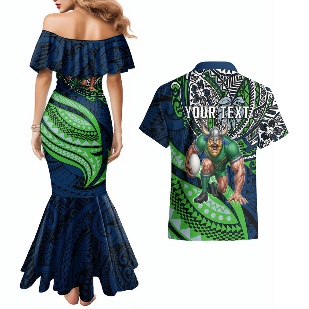Personalised Canberra Raiders Couples Matching Mermaid Dress and Hawaiian Shirt Polynesian Tribal Art Style With Viking Raider Mascot