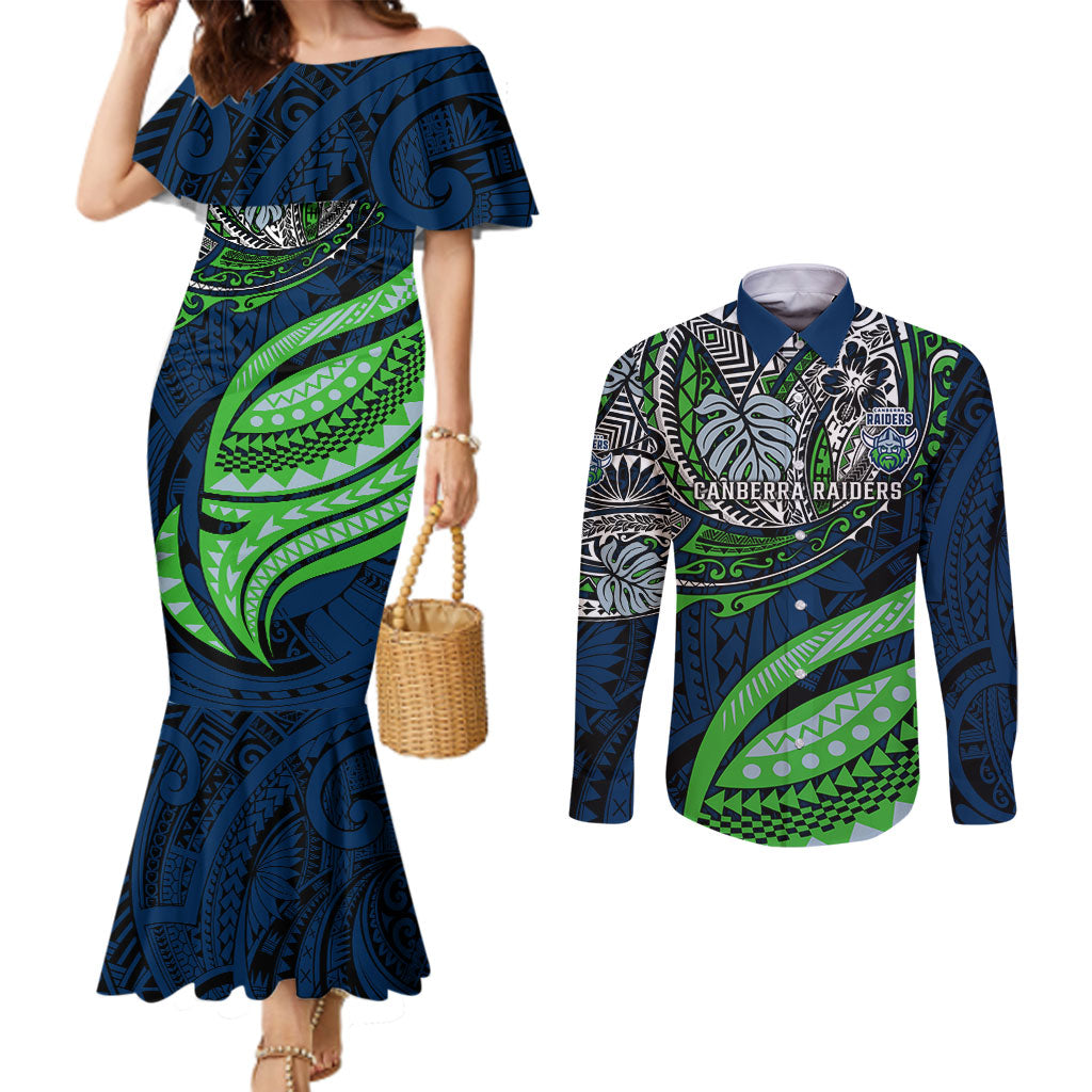Personalised Canberra Raiders Couples Matching Mermaid Dress and Long Sleeve Button Shirt Polynesian Tribal Art Style With Viking Raider Mascot