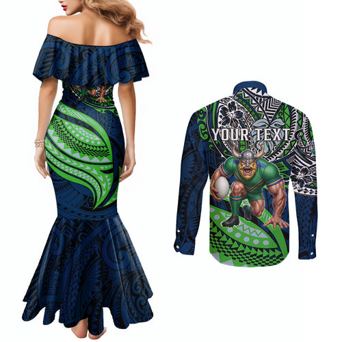 Personalised Canberra Raiders Couples Matching Mermaid Dress and Long Sleeve Button Shirt Polynesian Tribal Art Style With Viking Raider Mascot