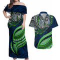 Personalised Canberra Raiders Couples Matching Off Shoulder Maxi Dress and Hawaiian Shirt Polynesian Tribal Art Style With Viking Raider Mascot