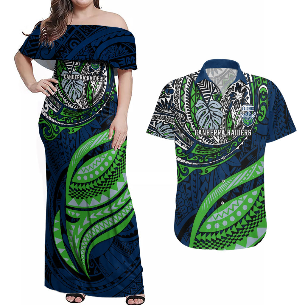 Personalised Canberra Raiders Couples Matching Off Shoulder Maxi Dress and Hawaiian Shirt Polynesian Tribal Art Style With Viking Raider Mascot